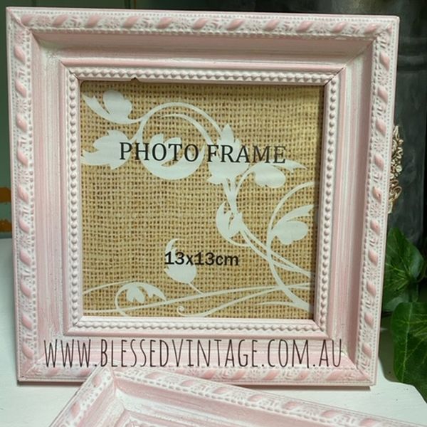Shabby Chic Photo Frame - Pink/White Outer measurements 17cm square / Picture size 11.5cm square.